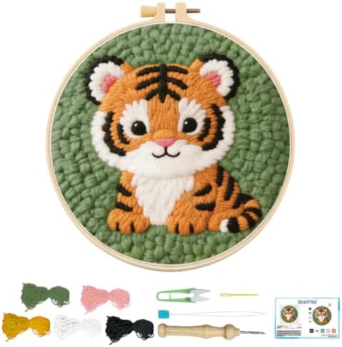 BEUNITONE Cute Tiger Punch Needle Kit for Adults Beginners, Complete DIY Craft Needlepoint Kits with Hoop, Punch Needle Starter Craft Embroidery Set for Festival Gift and Cloth Home Decor 20x20cm by BEUNITONE