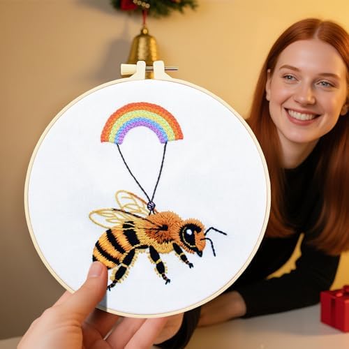 Crafmanoe Cute Bees Embroidery Kits for Beginners Adults, Hand Embroidery Starters Kits, Stamped Cross Stitch Kits DIY Needlepoint Kits for Beginners Adults, Embroidery Hoop, Thread and Video Tutorial - Image 3