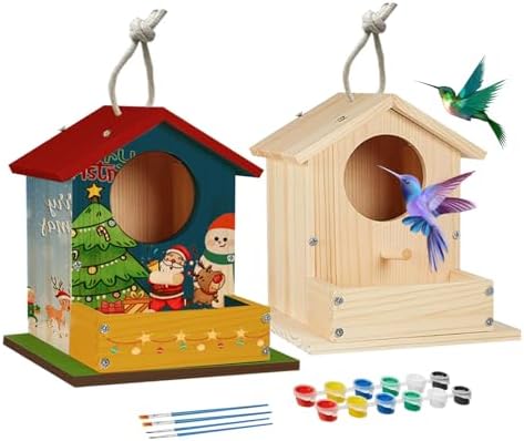 Bird House Kits for Adult, Wooden DIY Birdhouse Kit, Outdoor Woodworking Crafts Freestyle Painting, Arts and Crafts Projects with Paints & Brushes, Hanging Birdhouse for Garden Yard Decor Gifts (2Pcs) by ThickAndThin