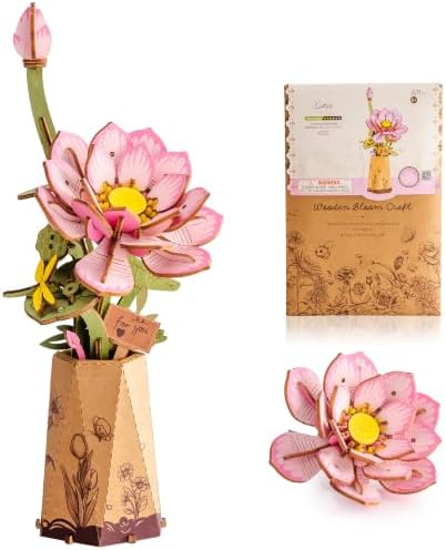 3D Flower Wooden Puzzles for Adults - Pink Lotus, DIY Wooden Flowers Plants Model Kit Building Set Crafts for Adults to Build, Creative (101 PCS) by Wowood