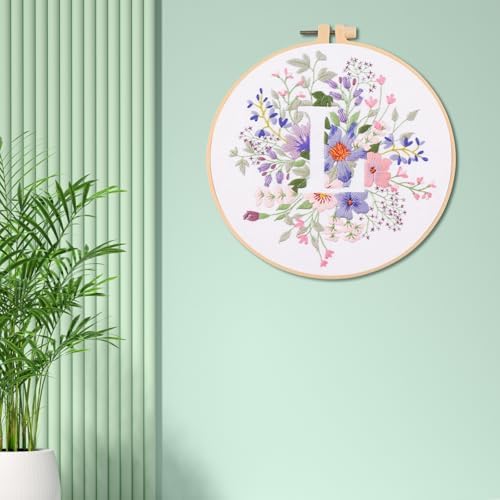 IUHUI Embroidery Kit for Beginners Adults - 26 Floral Letters Easy Patterns, DIY Hand Stitching Embroidery Set with Hoop (Flower and Grass Letter L) - Image 2