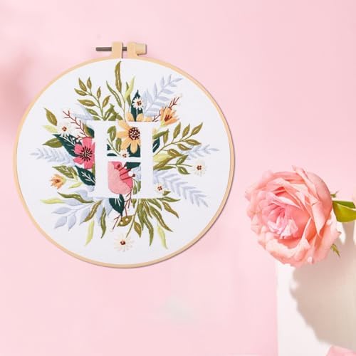 IUHUI Embroidery Kit for Beginners Adults - 26 Floral Letters Easy Patterns, DIY Hand Stitching Embroidery Set with Hoop (Flower and Grass Letter H) - Image 2