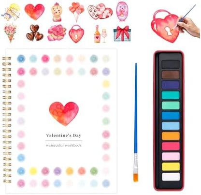 Valentine's Day Watercolor Workbook for Adults, Beginner Friendly Watercolor Painting Kit Pattern Water Coloring Book, Valentines Themed Practice Art Gift Water Color Paint Book with Palette Brush by Kivzex