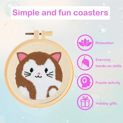 57lilina 6pcs Coaster Punch Needle Kit for Beginners & Adults, Animal Cat - Image 6