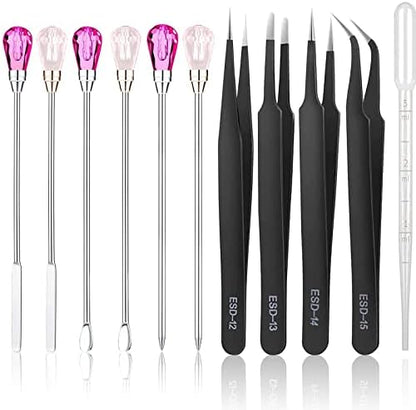 MSDADA 11 Pcs Silicone Resin Mold Tools Set Stirring Needle Spoon Tool Tweezers Precision Kit, Anti-Static Electronics Tweezers Set for Resin Art Crafts,Jewelry Making(Rose Red+Pink) by ColoryourlifewithMSDADA