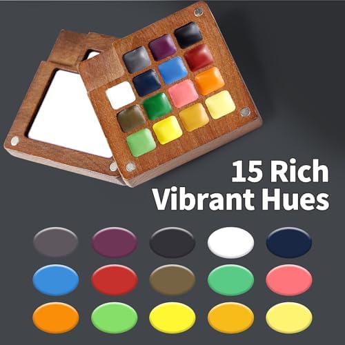 Mini Watercolor Paint Set, Travel Painting Kit with Walnut Wood Palette 15-Color, Crossbody Bag, Watercolor Journal, Metal Clip, Water Cup, Water Brush, for Artists, Beginners & Adults, Brown - Image 7