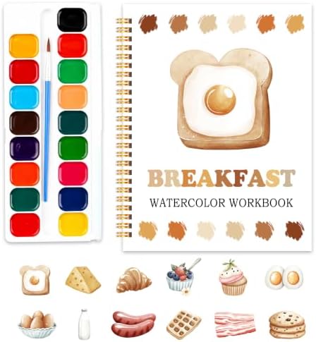 Breakfast Watercolor Workbook, Water Coloring Book, 12 Patterns, 18 Colors Watercolor Paint Set, Breakfast Buddies Watercolor Kit for Beginners, Fun Family Art Activity and Gift by SHLINCO