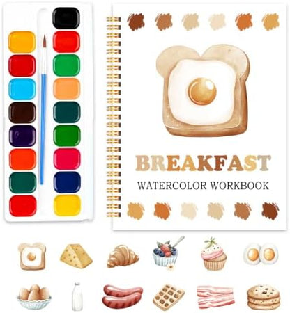 Breakfast Watercolor Workbook, Water Coloring Book, 12 Patterns, 18 Colors Watercolor Paint Set, Breakfast Buddies Watercolor Kit for Beginners, Fun Family Art Activity and Gift by SHLINCO