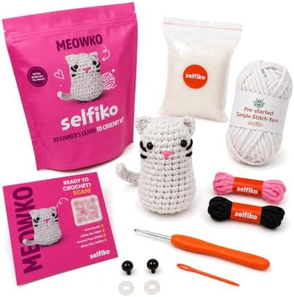Selfiko Crochet Kit for Beginners – Complete Amigurumi Starter Pack with Pre-Started Magic Ring, Step-by-Step Video Tutorials & Simple Yarn – Learn to Crochet Easily (Meowko The Cat) by Selfiko