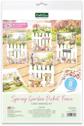 Katy Sue Spring Garden Picket Fence Card Making Kit. Contains 8 Shaped Cards, 3 Sheets of Die Cut Decoupage, Adhesive Foam Pads, Background Scenes, Instructions & 8 Envelopes for Card Making Supplies by KatySue