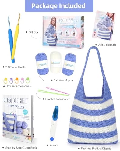 Katech Crochet Kit for Beginners w/Striped Tote Bag 3-1 Step-by-Step Guide - Image 2