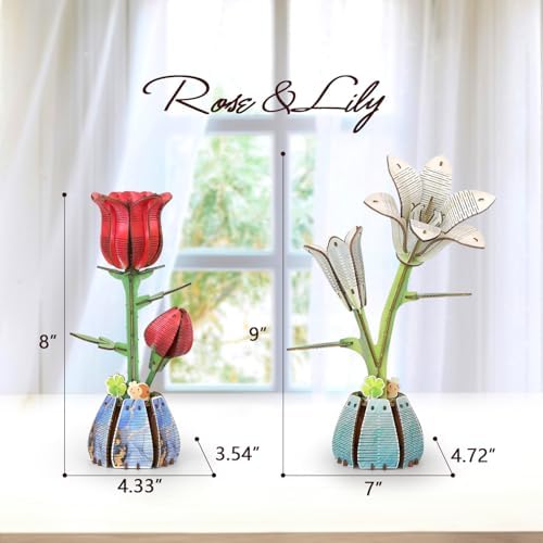 Jege 3D Flowers Wooden Puzzles for Adults,DIY Wooden 2 Flowers per Kit Building Set for Home Decor, Creative Craft Gift Toys Kits with 2 Perfume Bottles and Diffuser Sticks (Rose + Lily) - Image 2