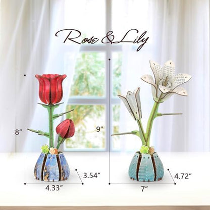 Jege 3D Flowers Wooden Puzzles for Adults,DIY Wooden 2 Flowers per Kit Building Set for Home Decor, Creative Craft Gift Toys Kits with 2 Perfume Bottles and Diffuser Sticks (Rose + Lily) - Image 2