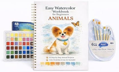 Watercolor Workbook for Beginners – Animals, 16 Original Watercolor Projects, Watercolor Kit with 48 Colors Paint Set, 6 Brushes & Palette,Watercolor Workbook for Adults, Creative Art Gift by Unknown