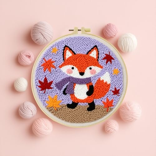 Punch Needle Embroidery Starter Kits for Beginners Cute Snow-White cat Curled up Comfortably on a Branch Adorned Embroidery Hoops,Color Threads,Instructions and Needles,DIY Adults Embroidery (fox) by Unknown