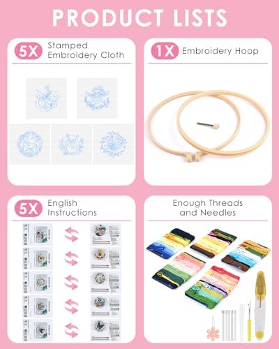 TINDTOP 5 Sets Embroidery Kit for Beginners Adult, Embroidery Kit for Beginners Include Embroidery Cloth Hoops Threads for Craft Lover Hand Stitch with Embroidery Skill Techniques - Image 2