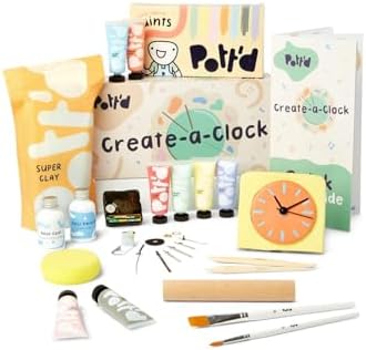Pott'd Create-a-Clock Kit for Adults Beginners - Make Your own DIY Wall & Desk Clock with Air-Dry Clay, Tools, Acrylic Paints, and Batteries Included by Pottd