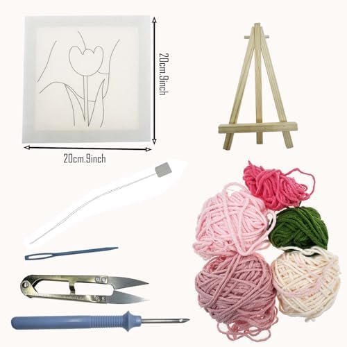 Allazone Punch Needle Embroidery Kit With Frame, Square Fabric, Flower Pattern, Hoop, Yarns (Pink Tulip) - Image 2