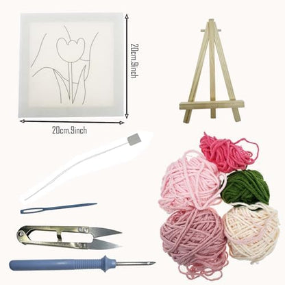 Allazone Punch Needle Embroidery Kit With Frame, Square Fabric, Flower Pattern, Hoop, Yarns (Pink Tulip) - Image 2
