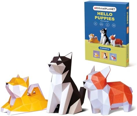 Hello Puppies 3D Origami Paper Craft Gift Set- 3 pcs, Husky/Corgi/Shiba Inu Pre-Cut Origami Kit, Cute Animal Paper Sculpture for Teens & Adults, Home Decor DIY Art Gift for Birthday by Unknown
