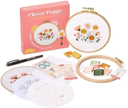 Clever Poppy Sunset Meadow Beginner Embroidery Kit – Easy Embroidery Kit for Beginners with Hoop, Thread & Patterns – Hand Embroidery Kit for Adults and Teens – Complete Embroidery Starter Kit by CleverPoppy