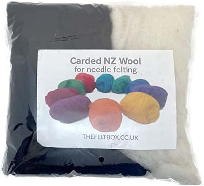 The Felt Box Needle Felting Wool – Black & White Shade Pack, 100g Carded Batts, Short Coarse Fiber for DIY Crafts, Dolls & Animals - Image 3