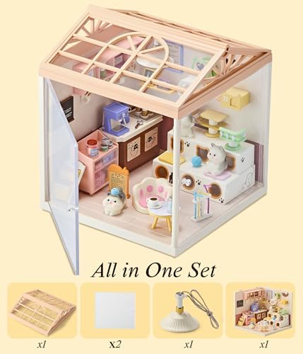 Cute Cat Cafe DIY Miniature House Kit with Roof & LED Light, Stackable & Connectable Dollhouse Kit with Dustproof Door, Creative DIY Crafts Building Toy Gift for Adults Teens - Image 5
