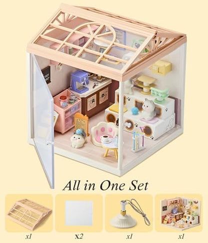 Cute Cat Cafe DIY Miniature House Kit with Roof & LED Light, Stackable & Connectable Dollhouse Kit with Dustproof Door, Creative DIY Crafts Building Toy Gift for Adults Teens - Image 5