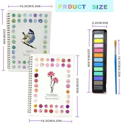 2Pcs Birds & Flowers Watercolour Set for Beginners, Complete Art Kit with 12 Paints, Brush & Sketch Pads, Pre-Sketched Book & Step-by-Step Guide for Adults & Teens - Image 2