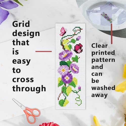INFUNLY 6pcs Wisteria Floral Cross Stitch Bookmark Kit for Adults DIY Purple Vine Embroidery Bookmark Kits Butterfly Purple Flower Cross-Stitch Pre-Printed Bookmarks with Instructions for Book Lovers - Image 3