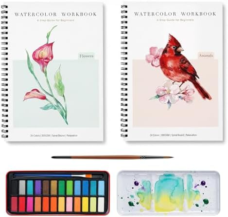Rurolo Watercolor Workbook for Adults & Beginners - Spiral Bound Kit with 24 Paint Colors, Brushes & 300GSM Paper - Step-by-Step Flower & Animal Painting Guide for Stress Relief & Relaxation (6.5x9) by Rurolo