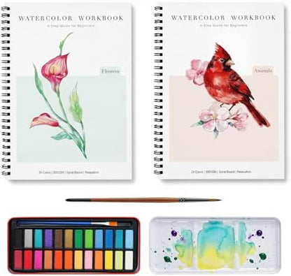Rurolo Watercolor Workbook for Adults & Beginners - Spiral Bound Kit with 24 Paint Colors, Brushes & 300GSM Paper - Step-by-Step Flower & Animal Painting Guide for Stress Relief & Relaxation (6.5x9) by Rurolo