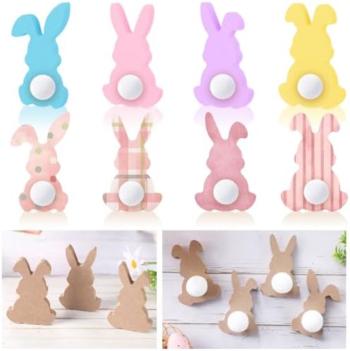 Menkxi 22 Pcs Easter Wooden Bunny Cutouts for Crafts Unfinished Easter Wood Cutouts Bunny Table Sign Rabbit Tabletop Decoration with 22 White Felt Balls Pom Ball 60 Adhesive Dots for DIY Craft Spring by Menkxi
