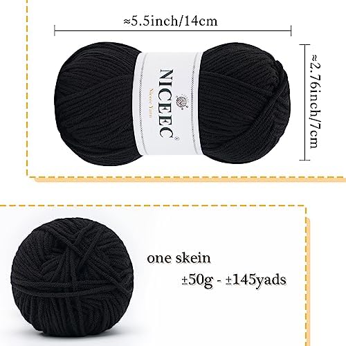 NICEEC 300g Soft Assorted Colors Yarn 100% Acrylic 870yds -Black - Image 2