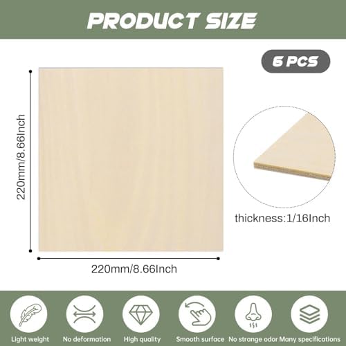 6 Pack Plywood Sheets, 8.66" x 8.66"x 1/16" Basswood Sheets - Image 2