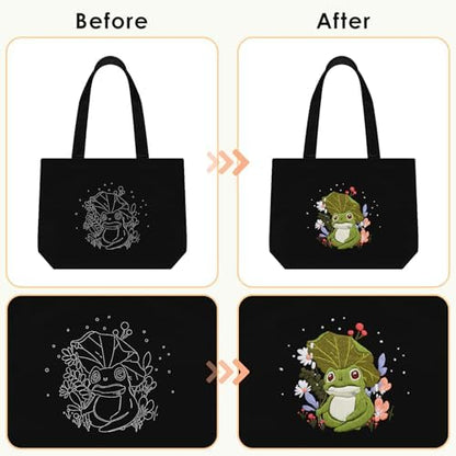 ERKOON Embroidery Canvas Tote Bag for Beginners, Floral Arts Crafts Cross Stitch Kits for Adults Including Stamped Embroidery Bag with Hoops, Needle, Instruction and Color Threads (Frog) - Image 4