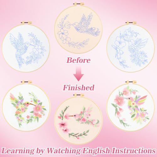 Mindsoft 3 Set Needlepoint Kit for Beginners with Hoop,Flower Hummingbird - Image 4