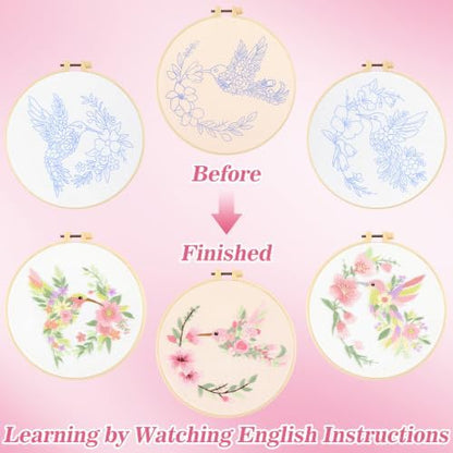 Mindsoft 3 Set Needlepoint Kit for Beginners with Hoop,Flower Hummingbird - Image 4