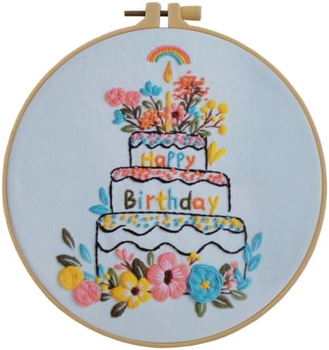 Esffaci Embroidery Starter Kit for Adult Beginner with Birthday Cake Candle Flower Pattern Hand Embroidery Set with Cloth Hoop Needle Threader Floss and Instruction by Esffaci