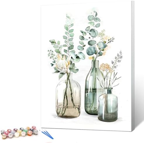 Ginkko Paint by Numbers Kit for Adults Beginner & Kids Ages 8-12 with Wooden Frame Easy Acrylic on Canvas 12x16 inch with Paints and Brushes, Bottle Flower (Include Framed) by Ginkko