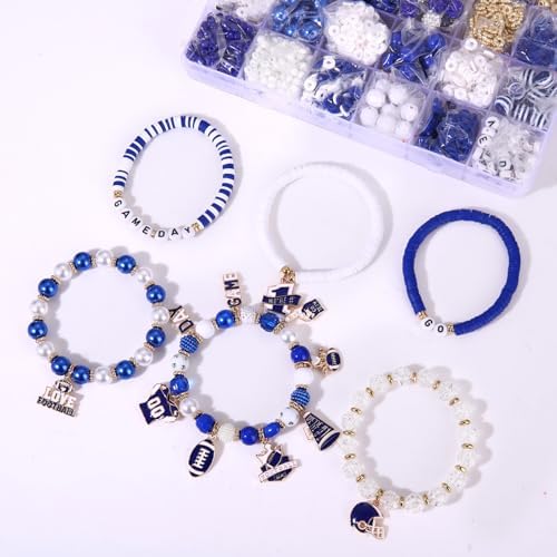 HSWE Game Day Beads Bracelet Kit Assorted Blue White Heishi Clay Pearl Letter Round Loose Beads Gold Spacer Beads with Sports Football Charms for DIY Bracelets Necklace Making - Image 2
