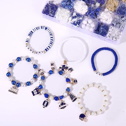 HSWE Game Day Beads Bracelet Kit Assorted Blue White Heishi Clay Pearl Letter Round Loose Beads Gold Spacer Beads with Sports Football Charms for DIY Bracelets Necklace Making - Image 2