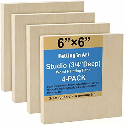 Falling in Art 4 Pack 6x6’’ Unfinished Birch Wood Panels Kit for Painting by FallinginArt