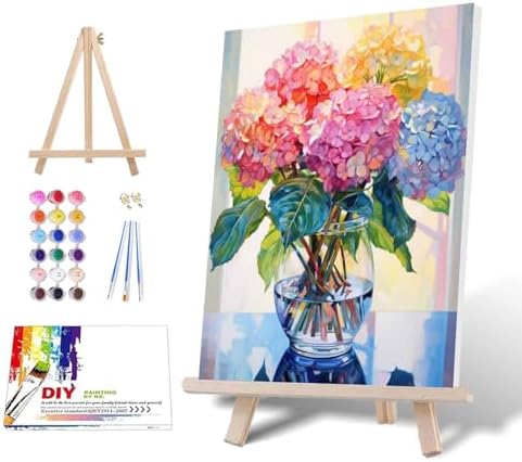 Ausanrl Flowers Framed Paint by Numbers Wooden Easel-Adult Paint by Number Kits on Canvas Framed,Paint by Number Adult,Hydrangea Paint by Numbers with Frame,Gifts and Home Wall Decor 12x16inch by Ausanrl