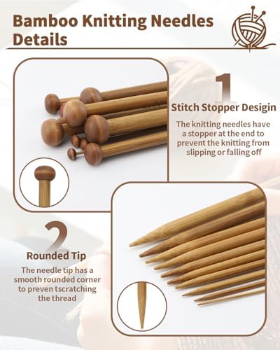 9 Pairs Bamboo Knitting Needles Set with 6 Stitch Holders, 2-10mm Single Point Wooden Knitting Needles, 10in Long for Scarves, Hats, Beginners, Complete Knitting Accessories Kit - Image 4