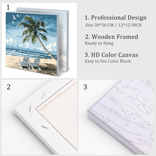 Natuyalo Framed Paint by Numbers for Adults Beginner, Beach Chair Acrylic Easy Paint by Numbers Kits with Frame Seascape Art Craft Kits for Adults Suitable for Wall Decoration 12x12 Inch - Image 4