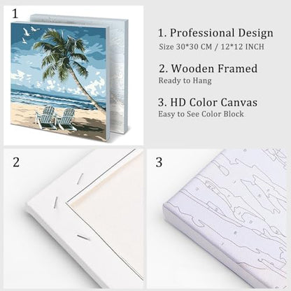 Natuyalo Framed Paint by Numbers for Adults Beginner, Beach Chair Acrylic Easy Paint by Numbers Kits with Frame Seascape Art Craft Kits for Adults Suitable for Wall Decoration 12x12 Inch - Image 4