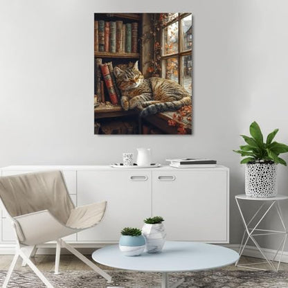 Clendo Sleeping Cat Paint by Numbers Kit for Adults - Bookshelf Paint by Numbers for Adults Beginner, DIY Acrylic EasyPainting by Number on Canvas Home Wall Decor 16”W x 20”L - Image 3