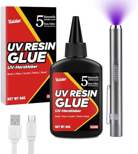 UV Resin Kit with Light - 60g UV Resin with Rechargeable Flashlight, Fast Curing in 5 Seconds, Clear UV Glue for Welding Plastic, Glass Repair, Acrylic - UV Adhesive for Bonding Jewelry, DIY, Crafts by Vividye