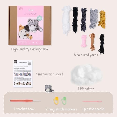 HOUSE CREATIVITY Chenille Crochet Kit for Beginners, Make 2 Ultra-Soft Cat Plushies, Amigurumi Crochet Starter Kit with Video Tutorial, Plush DIY Craft Kit with Chenille Yarn, Hook, Eyes & Stuffing - Image 3